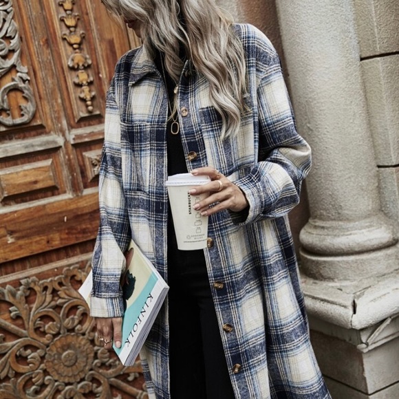 Shop_Fig Jackets & Blazers - New Plaid Check Flannel Long Shacket Jacket Coat